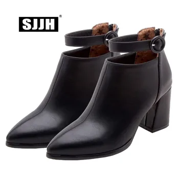 

SJJH Women Soft PU Ankle Boots with Point Toe Chunky Zip Short Plush Martin Boots Buckle Winter Fashion Shoes Large Size A1000