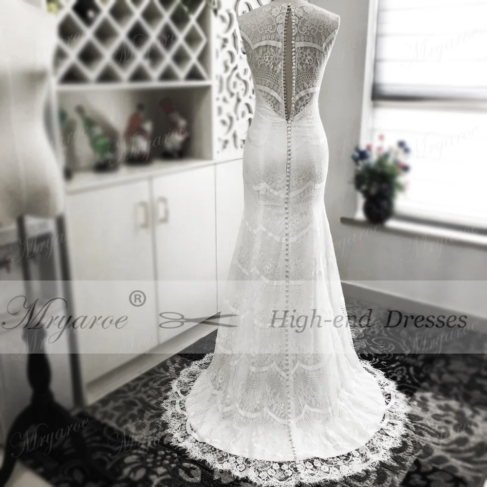 Mryarce 2018 vestido de noiva Amazing Lace Mermaid Wedding Dress V Neck Sleeveless Buttons Back Bridal Gowns Chic  (2)