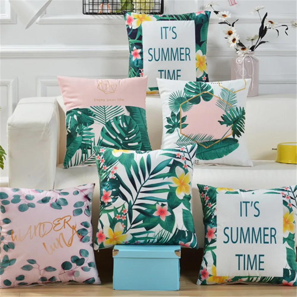 

Decorative Throw Pillow Flowers Cover Case Summer Green Leaf Botanic Cotton Linen Seat Cushion Bag For Sofa House 45cm 18inch