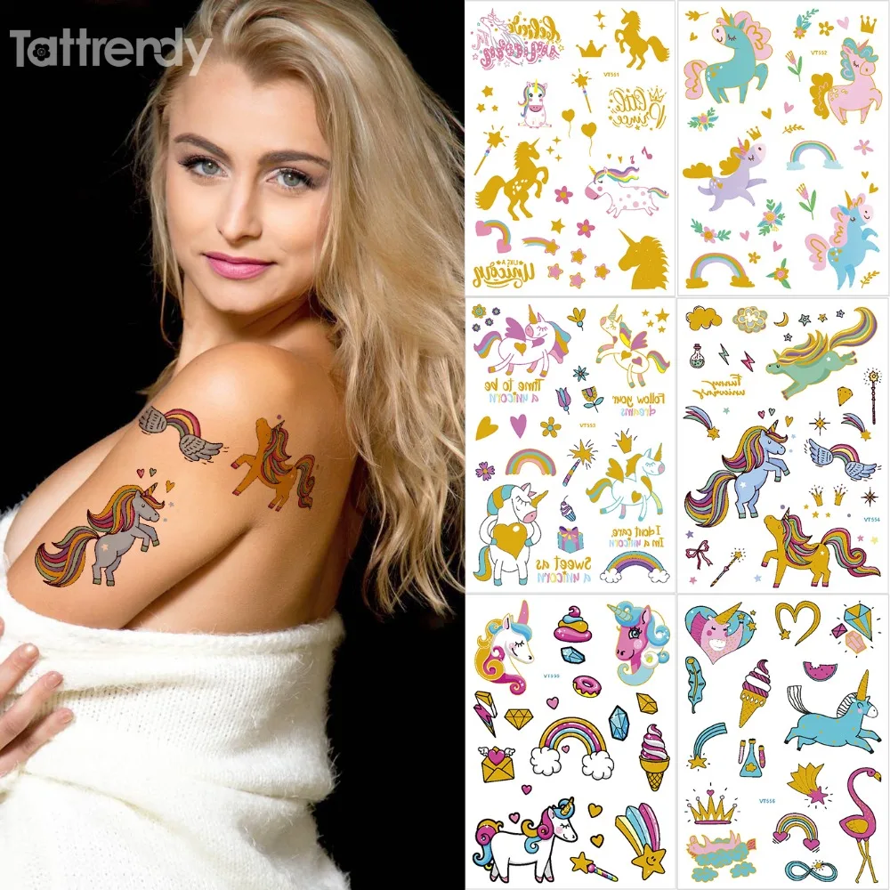 6pcs/pack kids tattoo sticker children horse tattoo cartoon unicorn tattoo kids glitter gold tattoo waterproof girl tatoo fake