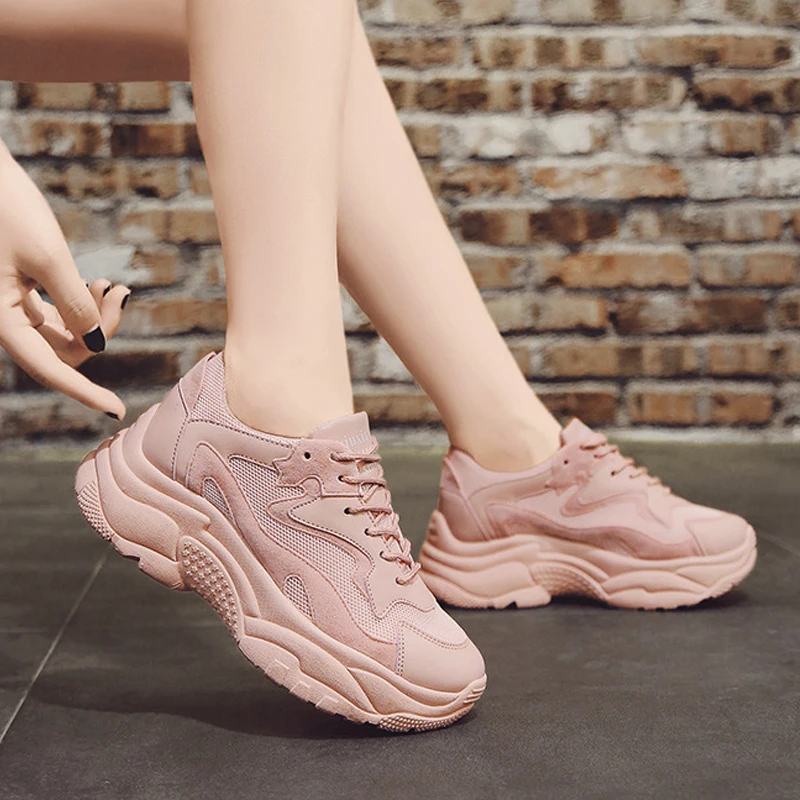 

Women's Chunky Sneakers 2019 Fashion Women Platform Shoes Lace Up Pink Vulcanize Shoes Womens Female Trainers Dad Shoes