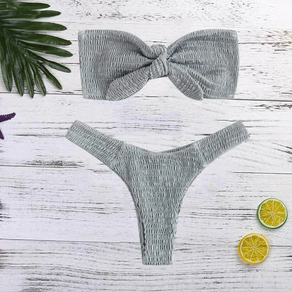 

Bathing Suit Women Bikini Crochet Bikini Crop Top Women Solid Pleated Bowknot Two Pieces Bikini Swimwear Swimsuit Beachwear#2