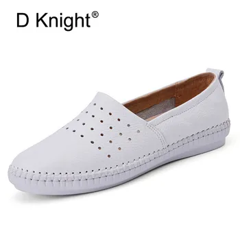 

New Ladies Genuine Leather Casual Flat Loafers Shoes Ladies Spring Summer Slip On Flats Breathable Pregnant Women White Shoes