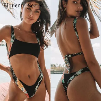 

2018 Sexy Bodysuit Swimsuit Women Swimwear Print Bodysuit Crochet Bandage Cut Out Beach Wear Bathing Suit Monokini Swimsuit XL