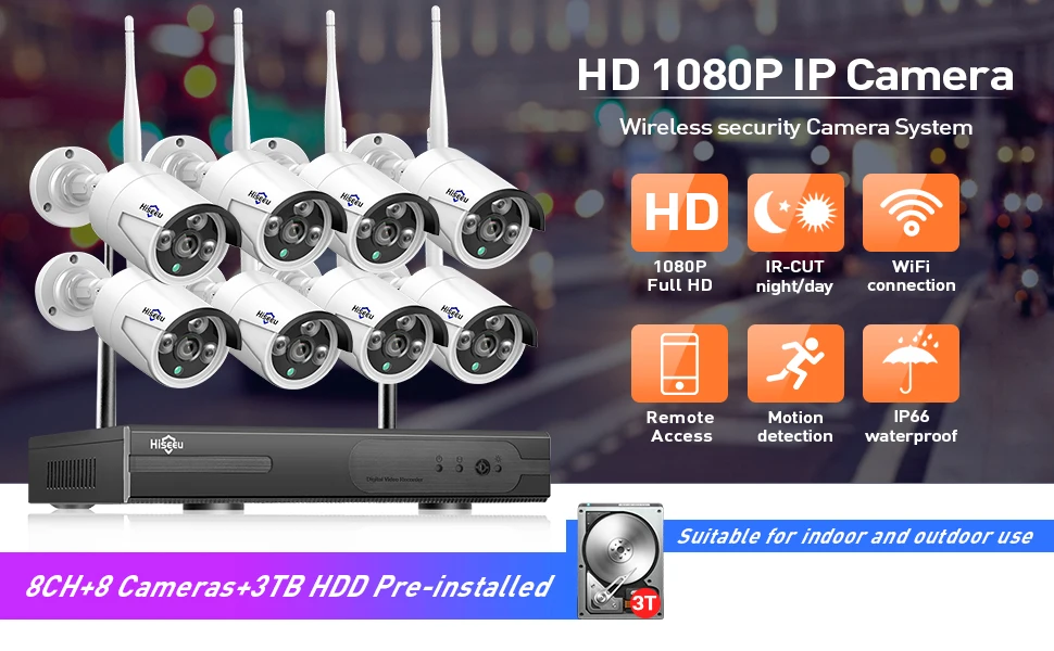 2MP 1080P CCTV система 8ch HD Беспроводной NVR комплект 3 ТБ HDD Открытый ИК Ночное Видение IP Wifi камера система безопасности видеонаблюдения Hiseeu