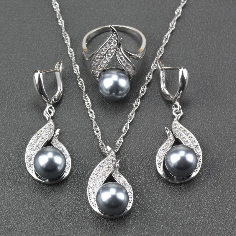 

Amazing Pearl Series Black Jewelry Sets Earrings Pendant Necklace Ring Size 6/7/8/9/10 For Women Gift Trinket