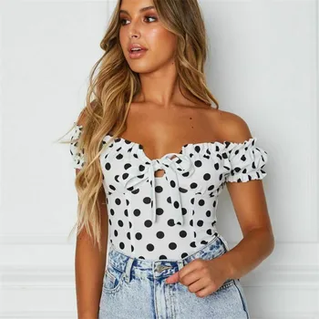 

New Women Polka dot summer Blouse ladies fashion Off shoulder short sleeve bandage Boho clothes Club Crop top blusas Plus size