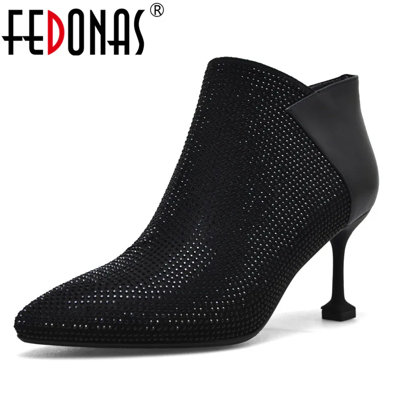 

FEDONAS New Autumn Winter Women Genuine Leather Quality Ankle Boots Fashion Glitters Rhinestone Decoration Party Shoes Woman
