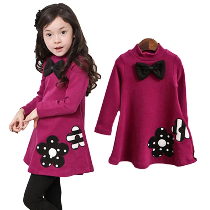

Cute Spring Winter Kids Girl Big Flower Butterfly Cotton Bowknot Sweater Thicken Dress 2-7 Years