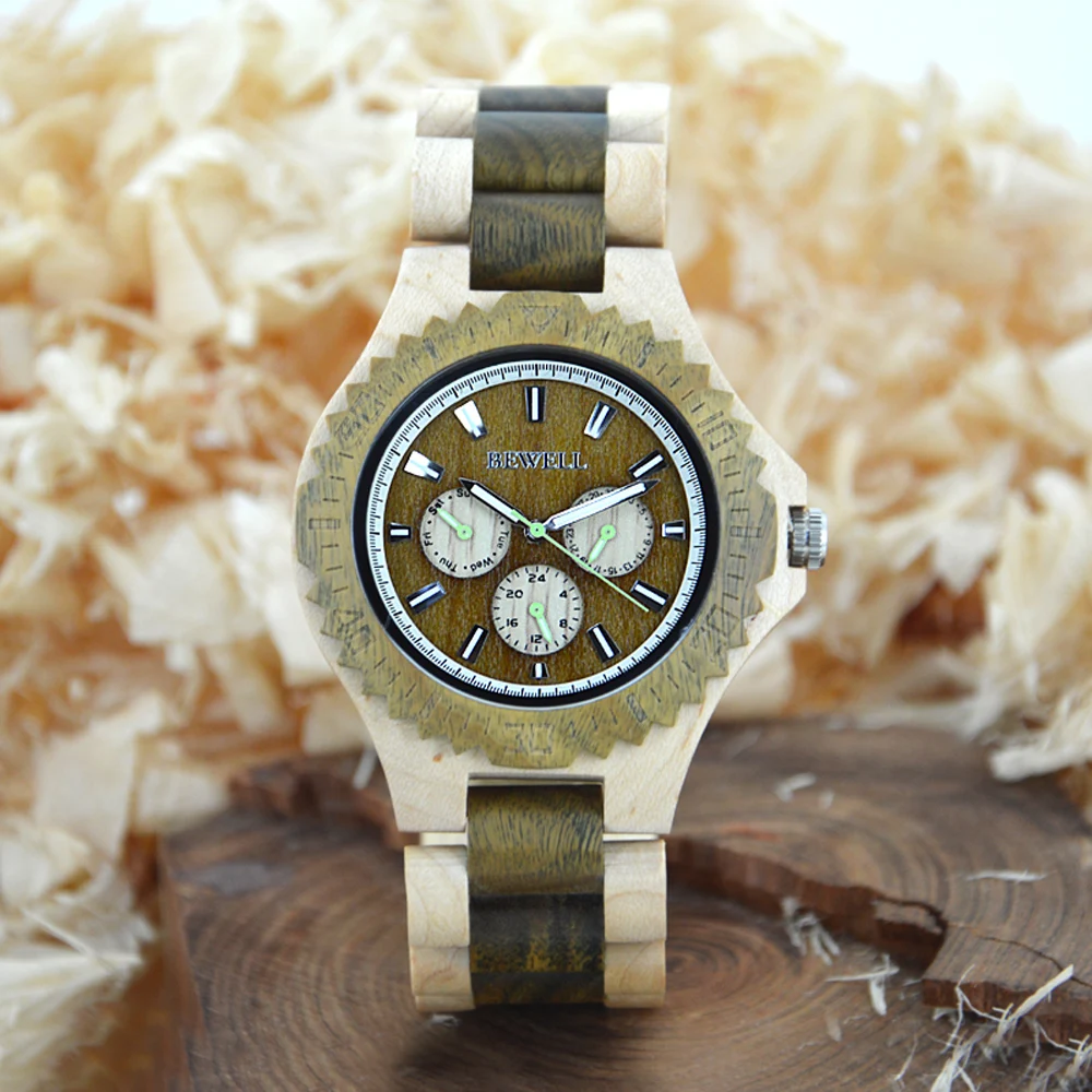 

BEWELL Men's Watch Timer Analog Clock Watch Natural Wood Manufacture Man Quartz Watch Top Brand Luxury Waterproof Gift Box 116B