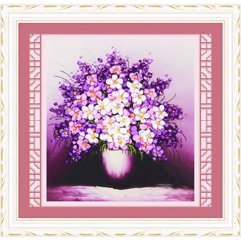 

3 Colors 3D Embroidery Ribbon Cross Stitch Needlework Kits Flower Printed Wall Art Painting Sets Sewing Kraft Decor C-0256