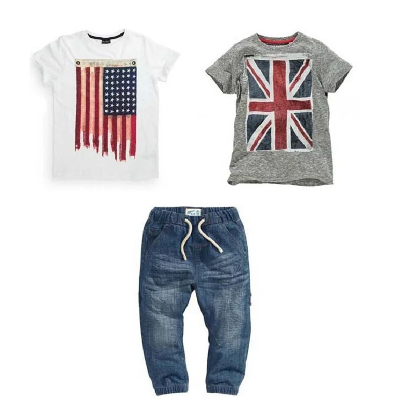 

Fashion Summer Kids Boys Clothing Set 100% Cotton Short Sleeve British And American Flag T-Shirt And Jeans Boys Clothes Suits