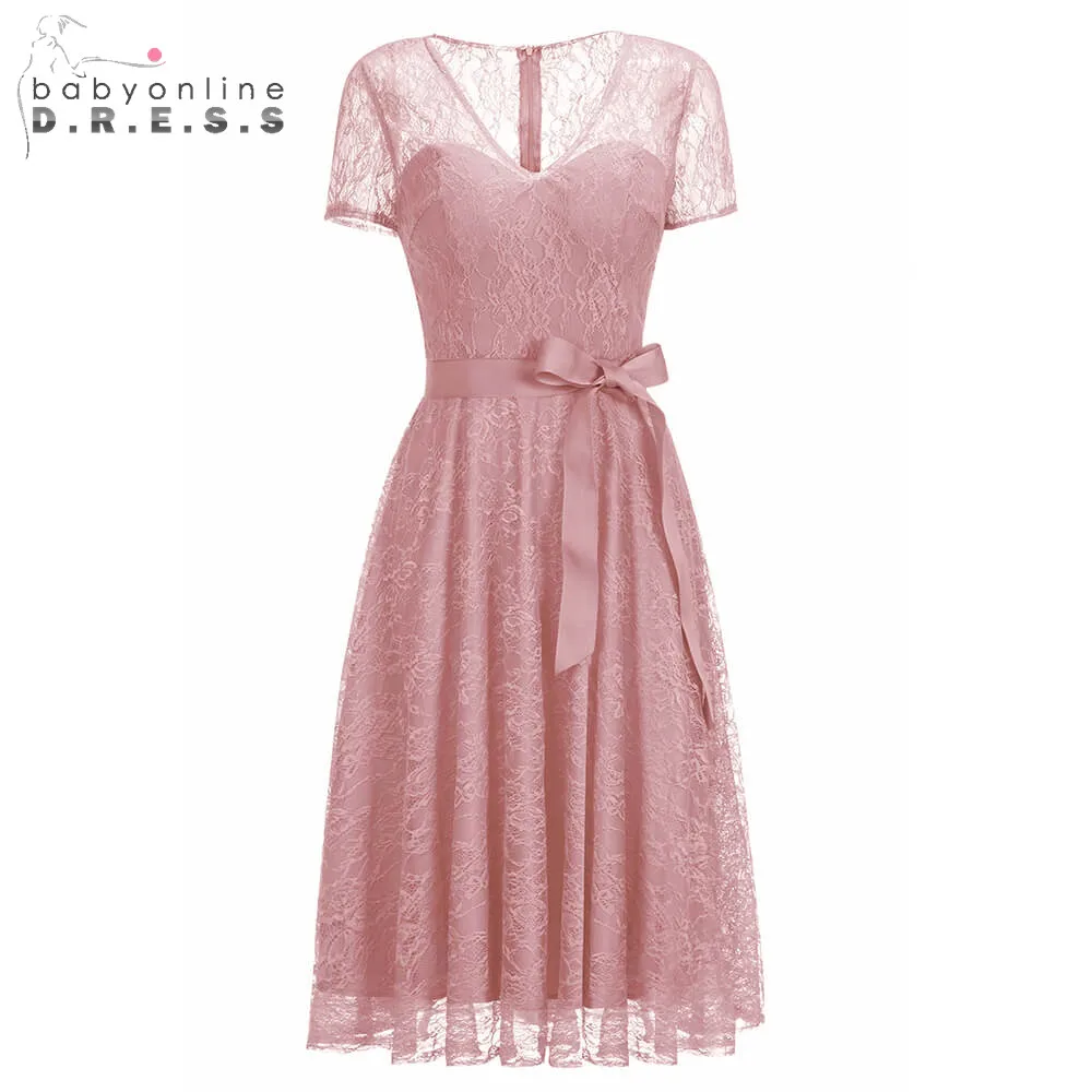 

Sexy Plus Size Short Lace Evening Dresses Elegant V Neck Short Sleeves Tea Length Coctail dress With Sashes Robe Cocktail