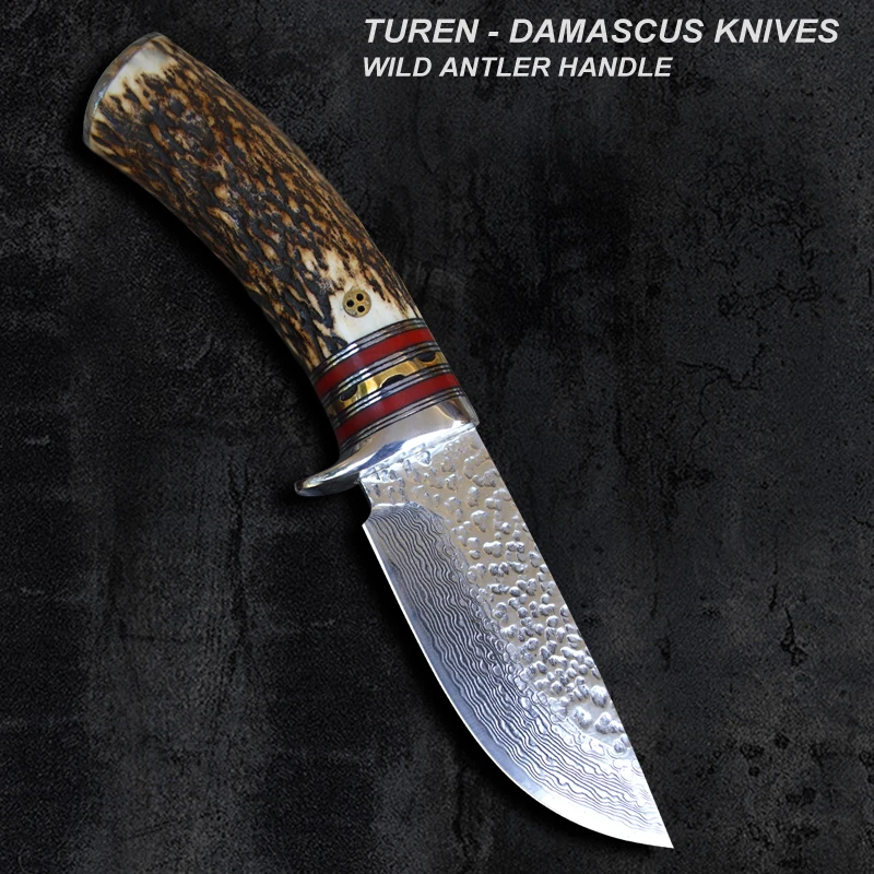 TUREN-Дамаск 60 HRC ручной работы дамасский охотничий прямой нож дикие рога/коровья Рога Ручка с растительным дублением кожаный чехол