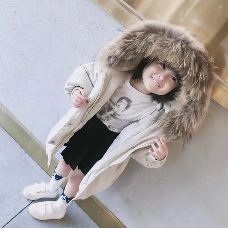 

Girls Raccoon Fur Hooded White Down Jackets Kids Thickening Warm Coat -20 Winter Children Clothing Boys 90% White Down Outerwear