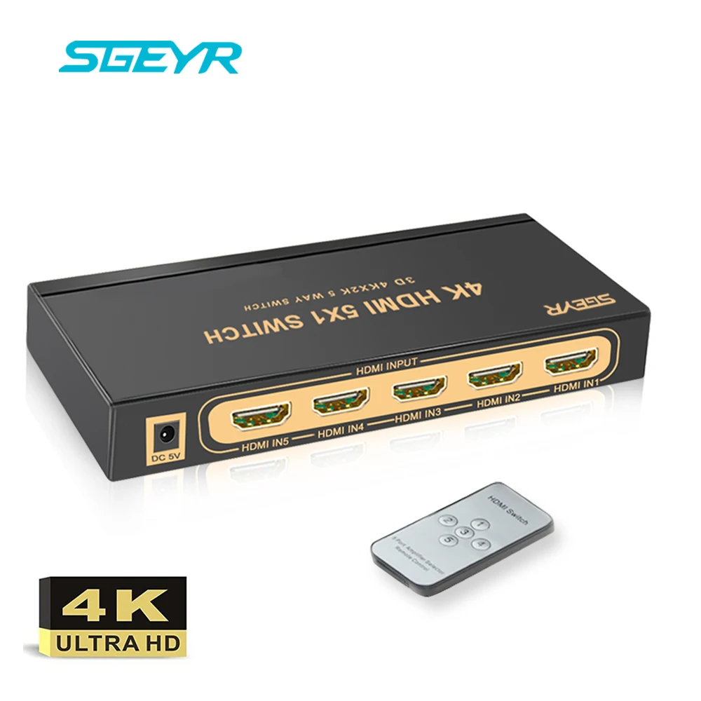 

SGEYR Ultra HD 4Kx2K 4 Port HDMI Switch 4 input 1 output/5 port 5 in 1 out Switch HDMI 1.4 Switcher 4Kx2K with Remote Control