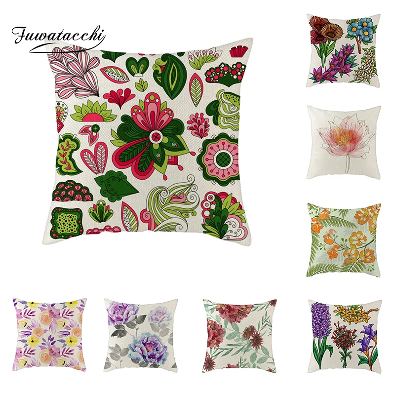 

Fuwatacchi Linen Bright Colorful Flowers Cushion Cover Roses Oil Painting Throw Pillow Cover Green Leaves and Flowers Pillowcase