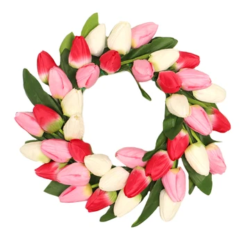 

40cm Silk Cloth Artificial Tulip Flower Wreath Door Wall Window Hanging Garland for Home Wedding Decor - White + Pink + Rosy