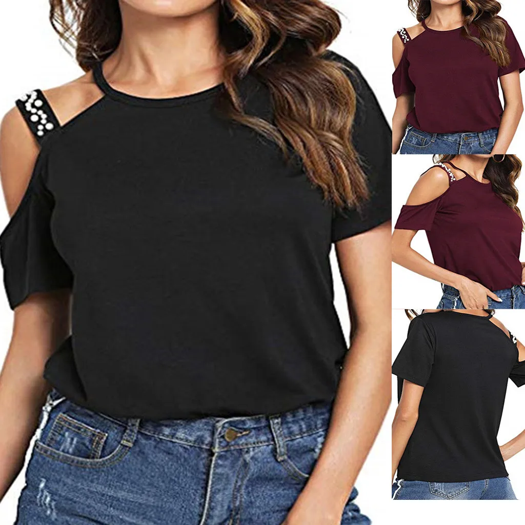 

Fashion Women Casual Short Sleeve Camis One Shoulder Tops Tee Solid color girl round neck strap pearl string top camiseta mujer