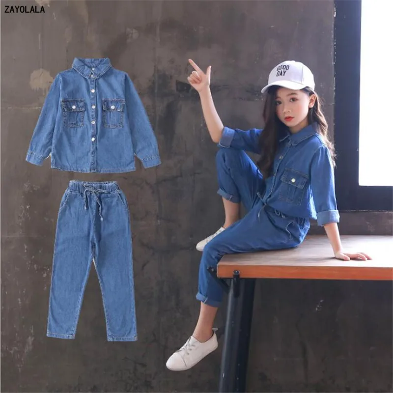 Летний джинсовый комплект для девочек, детская одежда, наряды для девочек, джинсовый топ+ джинсовые штаны, комплект из 2 предметов, модная одежда для девочек 8, 9, 10, 11, 12 лет