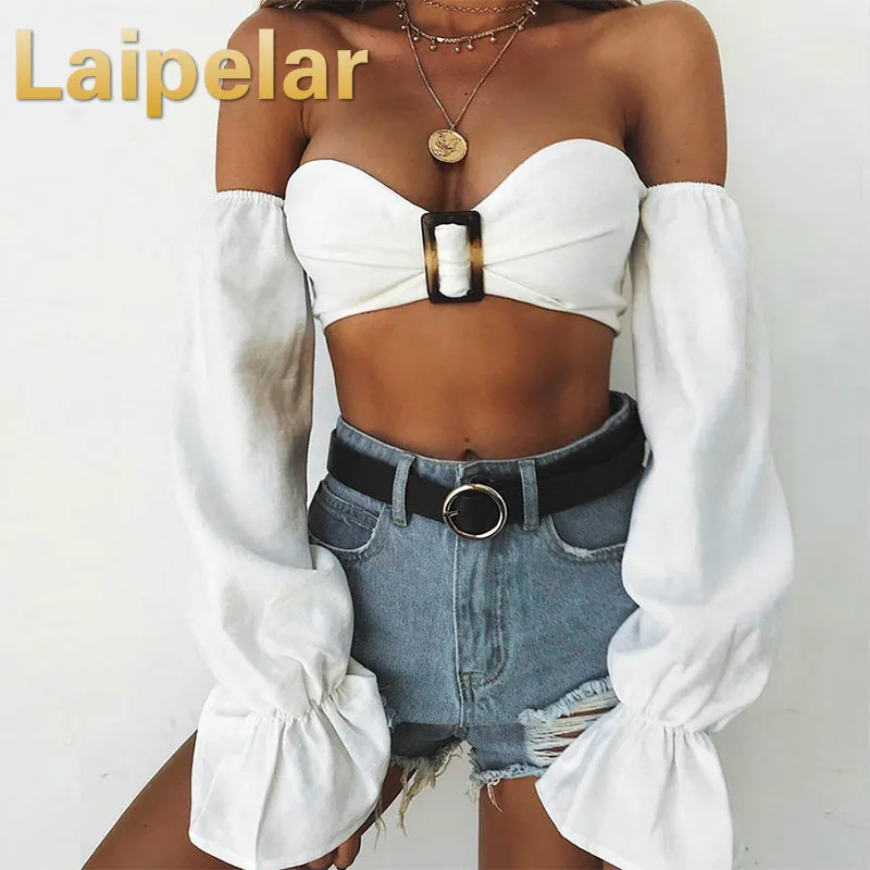 

Laipelar Women crop tops female T-shirt Summer women a word shoulder-sleeve long sleeve top wrap chest T-shirt