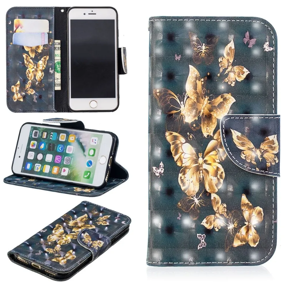 

Leather Cover Card Slot Butterfly For Apple iphone 6 6S 7 8 Plus X XS Max XR Stand Cases 3D Embossing Lovely Pattern Glossy D07Z