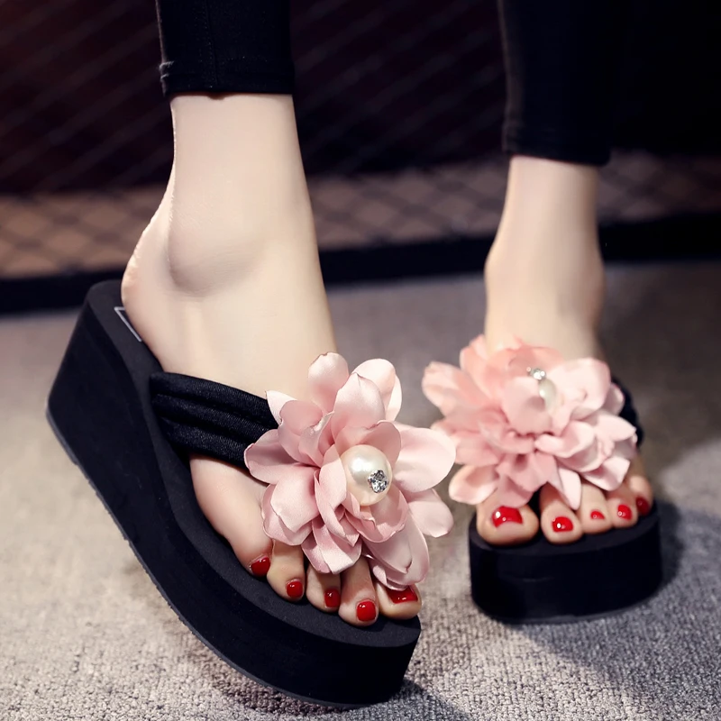 

6CM New Flower Decoration Women Sandals Slipper Summer Beach Flip Flops Wedges Woman Open Toe Shoes slippers for women