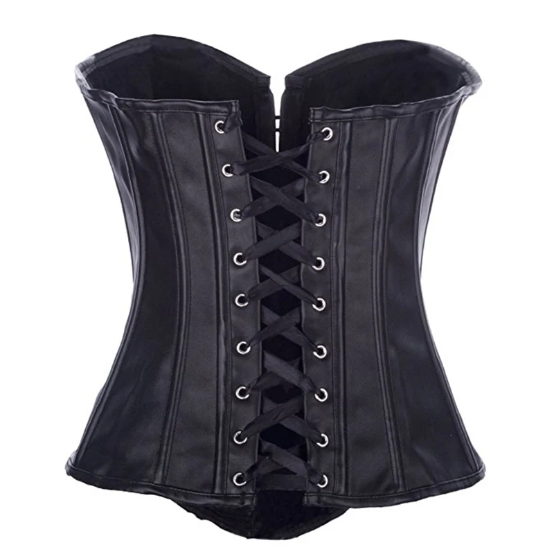 Women's Satin Overbust Corset Bustier Black Sexy Slimming Wait Hot Body Shaper Lace up Boned Top Corsets Espartilho XL W161361 (2)