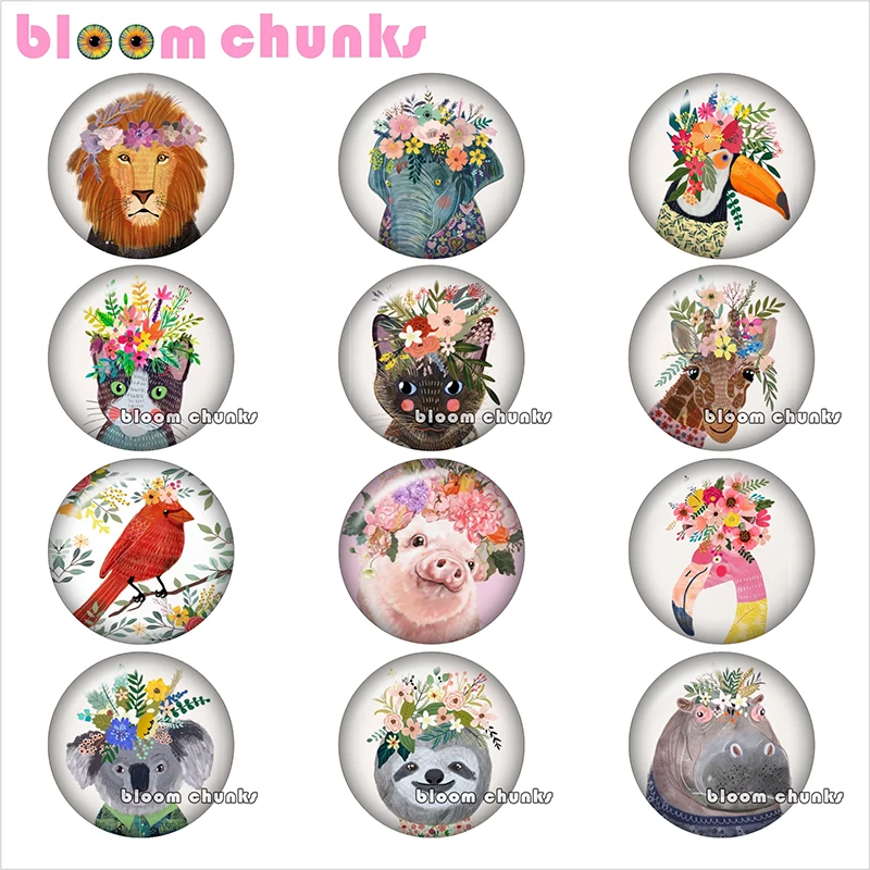 

Animal flower spring wreath lion elephant cat pig snap button glass cabochon demo flat back Making findings 12/18/20/25mm TL1031