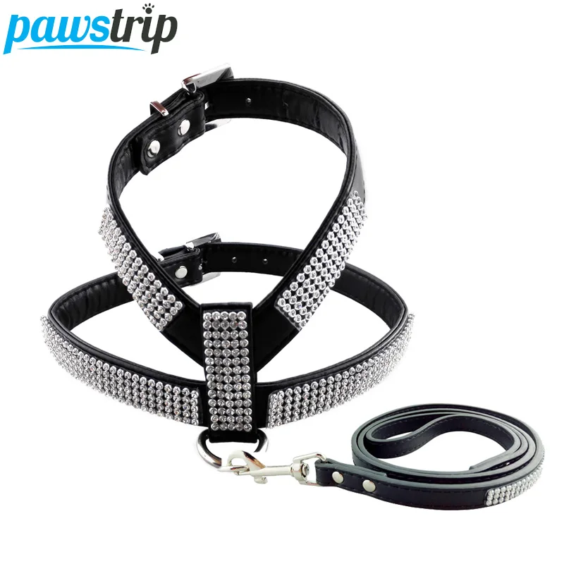 

pawstrip 4 Colors PU Leather Dog Harness Leash Lead Bling Rhinestone Dog Leash Harness Vest For Small Puppies XS-L