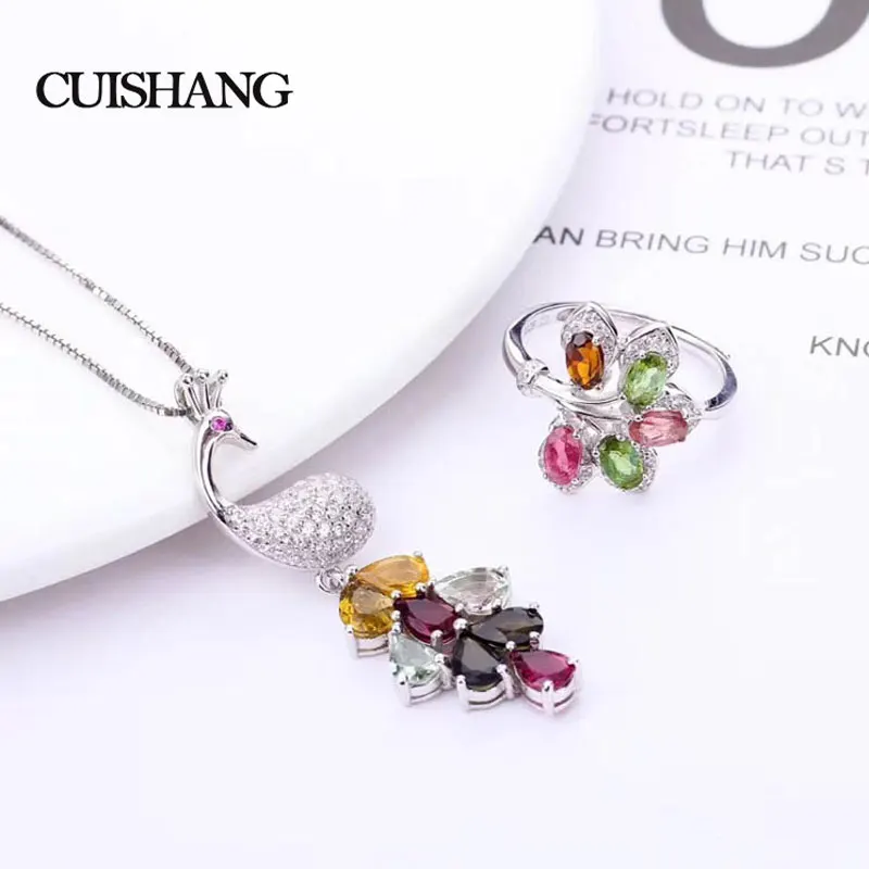 

CSJ Cute Peacock 925 Sterling Silver Fine Jewelry Sets Natural Gemstone Multicolor Tourmaline fine wedding Engagment for women