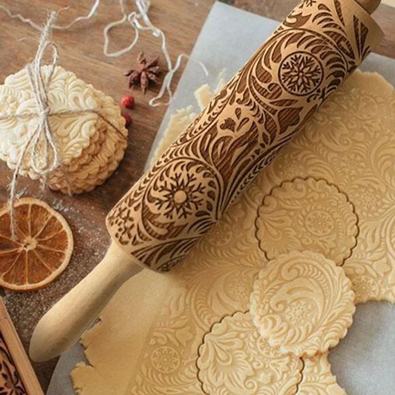 

New Arrival 35cm Wooden Rolling Pin Embossing Christmas Baking Cookies Biscuit Fondant Tool DC112