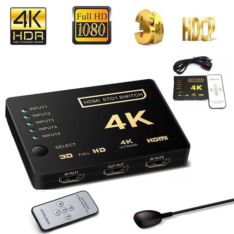 

Ultra HD 4K HDMI Splitter 1X4 Port 3D UHD 1080p 4K*2K Video HDMI Switch Switcher HDMI 1 Input 5 Output HUB Repeater Amplifier