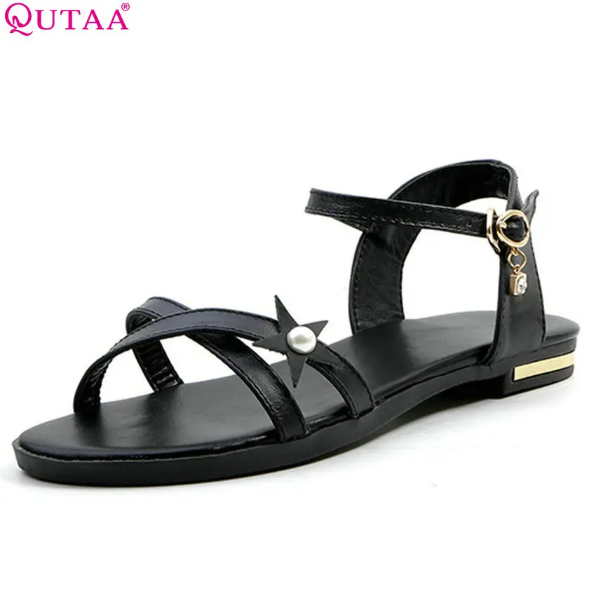 

QUTAA 2018 Women Sandals Casual Flat Shoes All Match PU LeatherBuckle Low Heel Round Toe Fashion Women Sandals Size 34-43