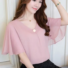 2018 New Summer Women Blouse Shirt Top Chiffon Blouse OL Ruffle Short Sleeve Plus Size M