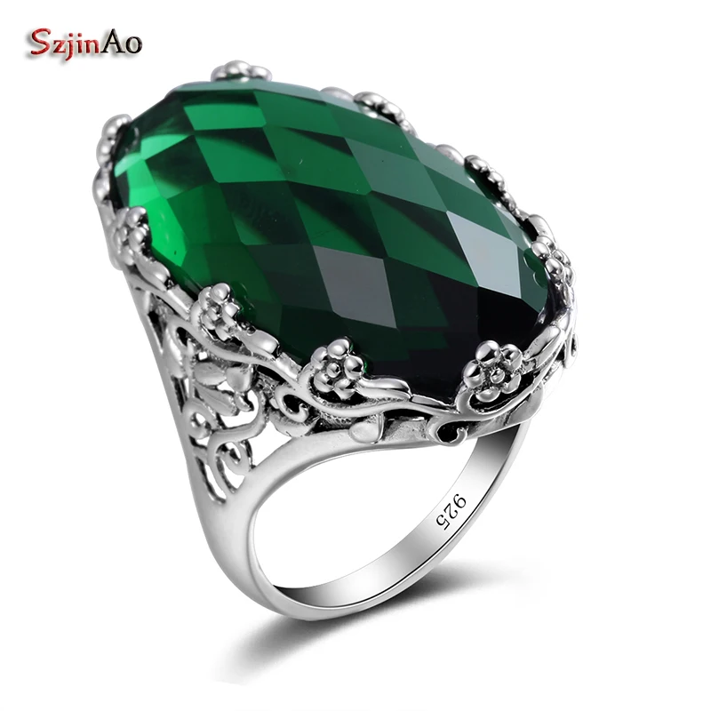 Szjinao Emerald Rings For Women Oval Punk 925 Silver Ring Big Gemstone Vintage Viking Elements Green Female Fine Jewelry Szjinao Emerald Rings For Women Oval Punk 925 Silver Ring Big Gemstone Vintage Viking Elements Green Female Fine Jewelry