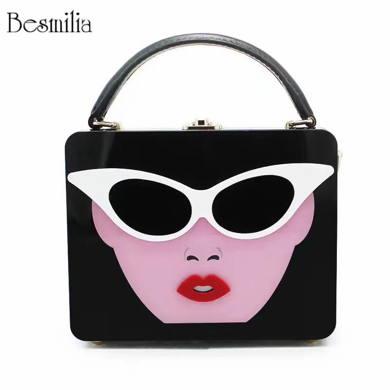 

Fashion design women's handbag box shape cartoon party evening bag strap acrylic cross-body bag hard case purse messenger bag