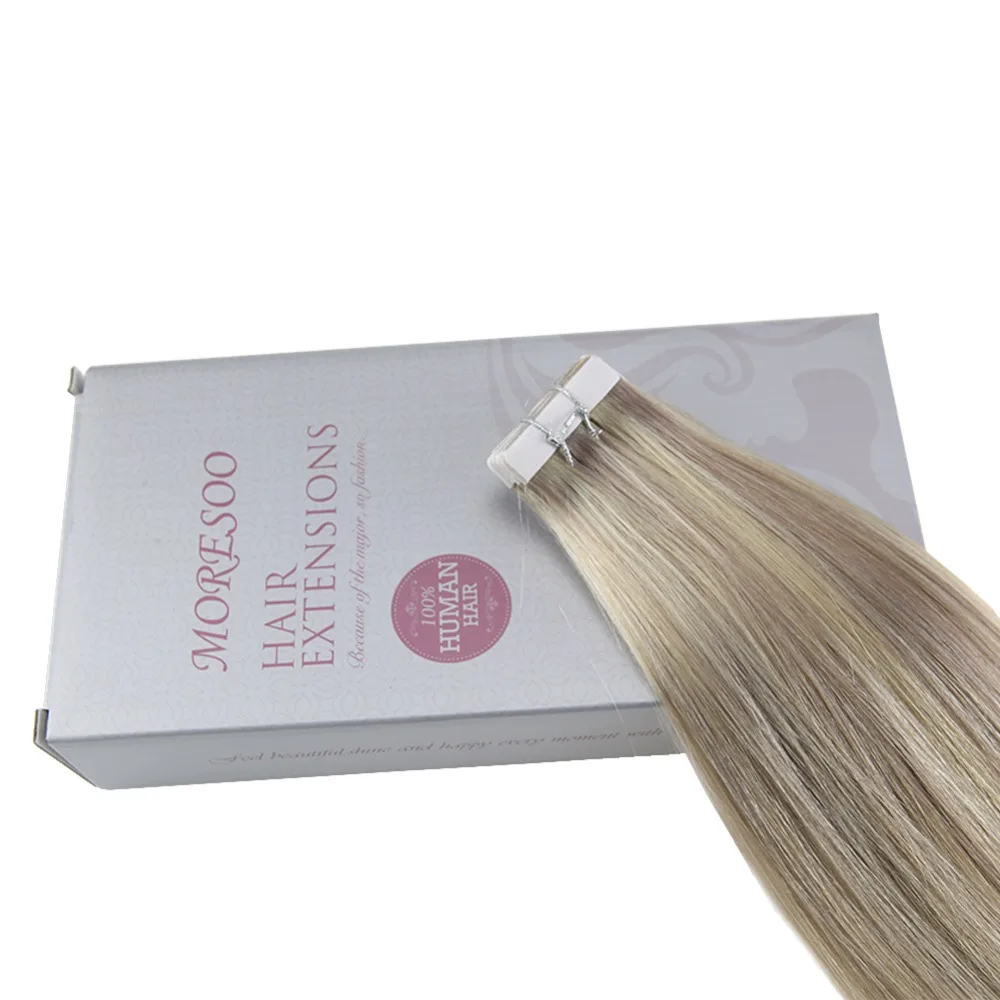 Moresoo Machine Remy Tape in Hair Extensions Balayage Ombre #18 Fading to #22 and #60 Blonde Tape in Extensions Natural Hair
