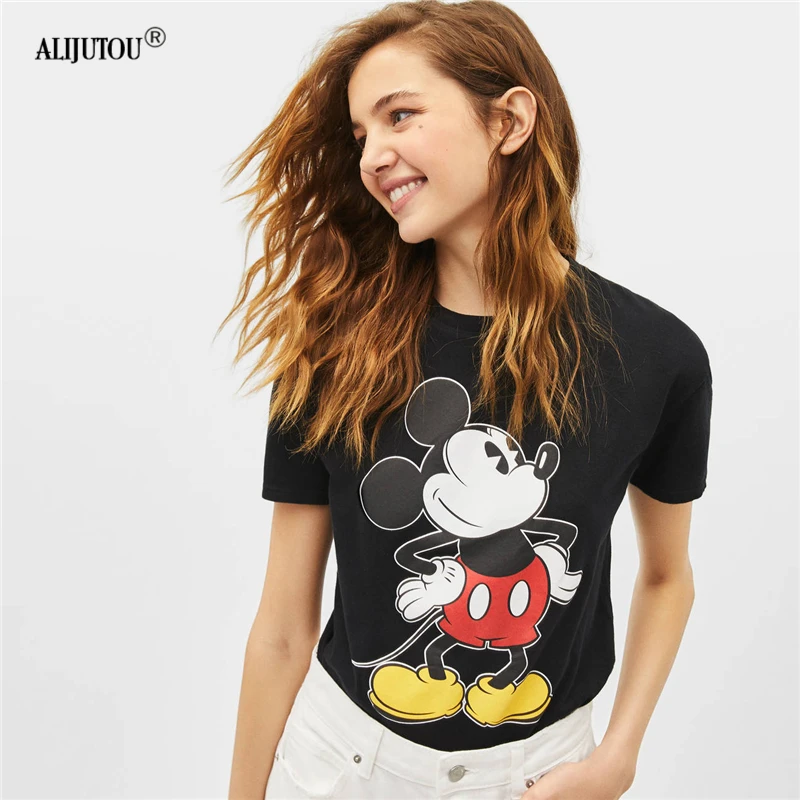 

Mickey Mouse Print Short Sleeve T Shirt Women Zaraing Fashion Casual animal Black Crew Neck Tshirt Femme Graphic Tees Clothes