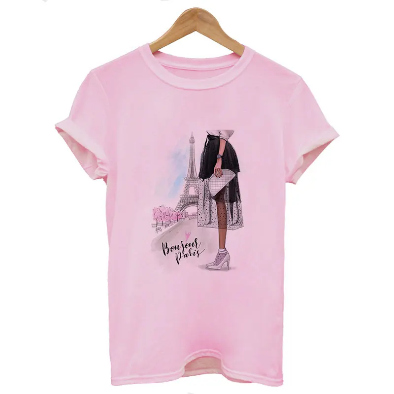 Vogue Париж, для девушек с принтом Футболка для женщин Белый летние Повседневное Harajuku трендовая футболка новая мода короткий рукав, о-образный вырез - Цвет: 2063-Pink