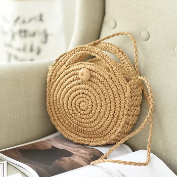 

DAUNAVIA Round Beach Bag Summer mini Vintage Handmade Crossbody Paper rope straw Bag Girls Circle Small Bohemian Shoulder Bags