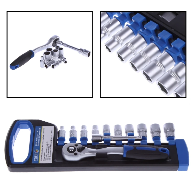 1/4" Ratchet Wrench Kit Chrome Steel Socket Wrench+Extension Rod +10