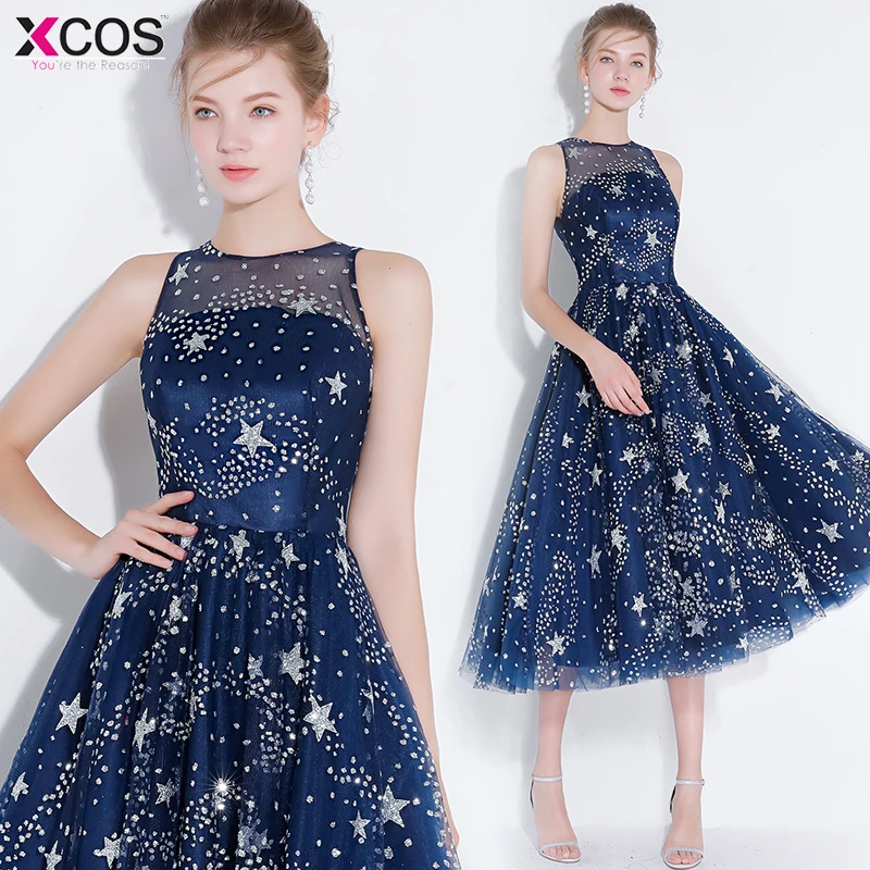 

Cheap Graduation Dresses Silver Twinkle Star Cocktail Party Gowns Knee Length Short Navy Blue Tulle Homecoming Dress 2019