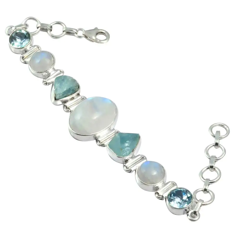 

NiaoZaiFei YunZaiKan Genuine Rainbow Moonstone Bracelet 925 Sterling Silver, 17 cm, 2SBR0028