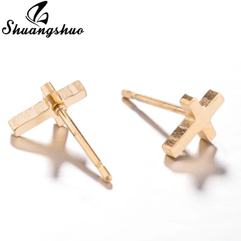 Shuangshuo Punk Korean Earrings Cross Stainless Steel Earrings Cross Stud Earrings Women Jewelry Studs Small Earrings oorbellen