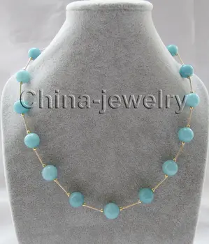 

FREE shipping> >>> Beautiful 17.5" 12mm perfect round blue jade necklace - gold plated clasp
