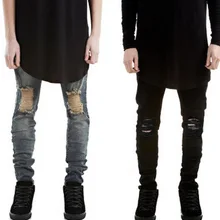 Красный, черный и белый рваные джинсовые штаны колено отверстие байкерские джинсы Для мужчин Тонкий Тощий Уничтожено рваные джинсовые штаны