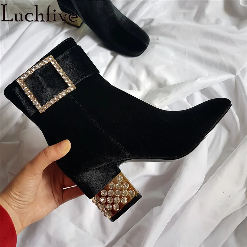 

2018 Velvet high Heels Ankle Boots for women round toe bling bling crystal buckled strap winter shoes fetish botas feminina