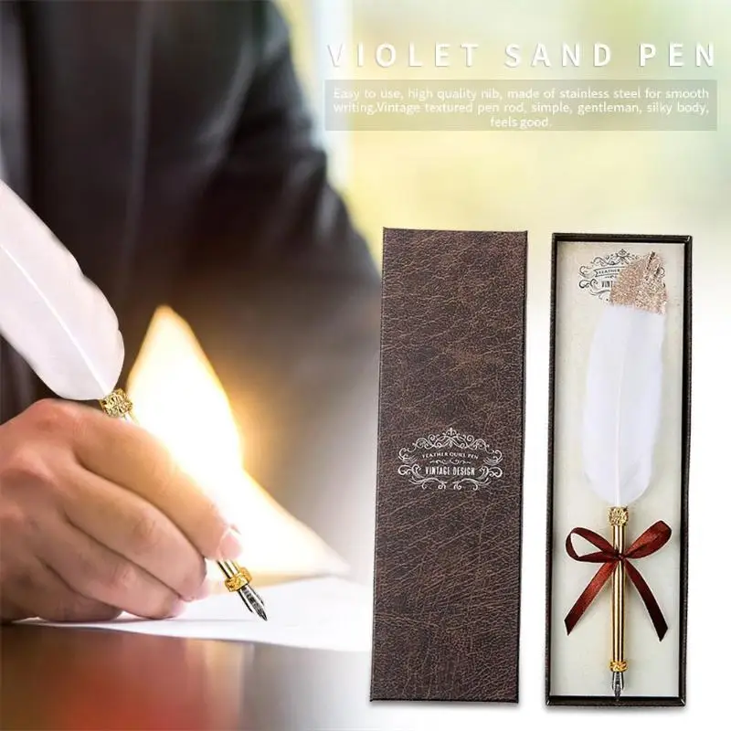 WZCUICAN Retro White Feather Dip Pen Business Signature Pens with/Gift Box Stationery Gifts for Birthday Couples Elders Teachers