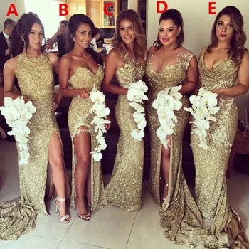 

Sparkly Bling Gold Sequined Mermaid Bridesmaid Dresses Backless Slit Plus Size Maid Of The Honor Gowns Bridesmaid gown party
